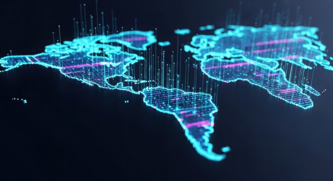 A blue and pink map of the world on a black background illustration