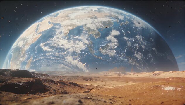 Space view Earth view from desert space landscape with planet horizon and star sky alien planet surface giant planet sky view rocky landscape desert terrain distant horizon outer space science