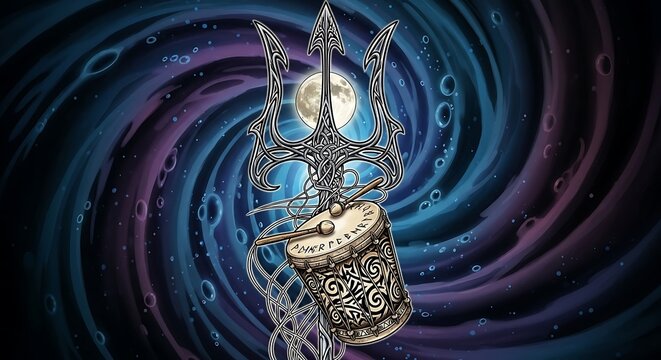 Fantasy illustration of a trident and drum against a swirling cosmos backdrop