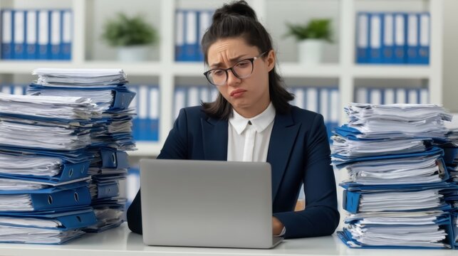 Stressed young businesswoman working on laptop overwhelmed with huge stack of paperwork in modern office environment showing frustration and fatigue