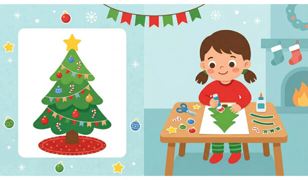 Christmas cut and glue kids activity vector decorate tree worksheet illustration