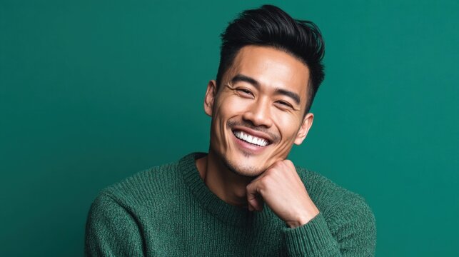 Smiling asian man with perfect teeth and stylish hair on a teal background