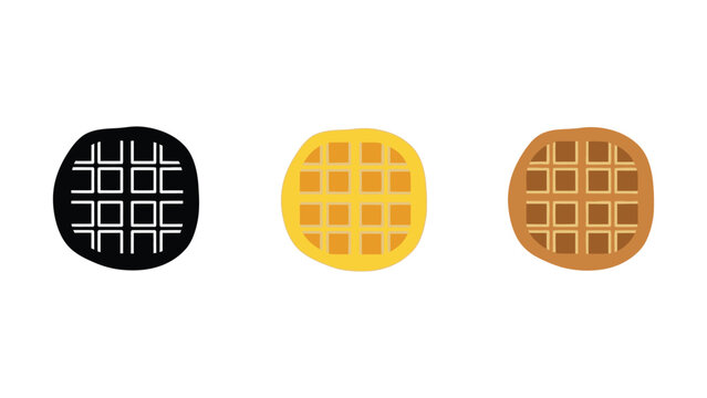 Set of three waffles icons in different styles: silhouette flat illustration color with black and white, food icon
