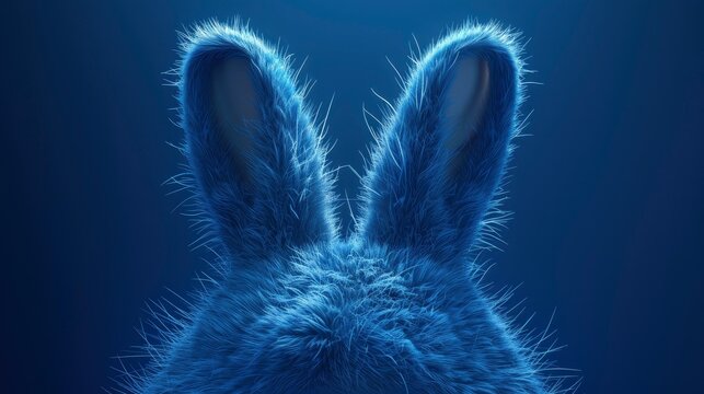 Close-up of a fluffy animal head with long upright ears, vibrant blue monochromatic fur texture against a dark background.