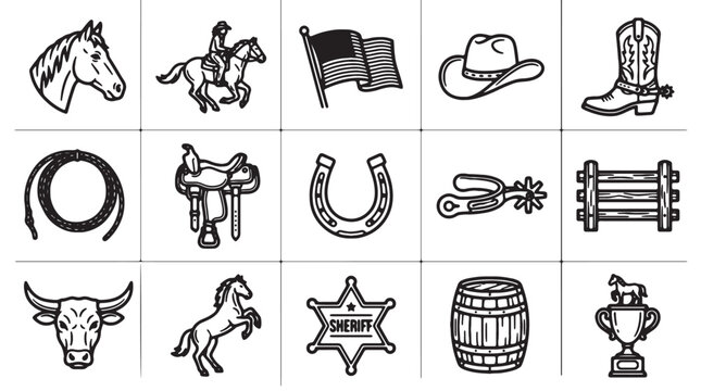 Wild West cowboy icons set, 15 black and white western vector elements, rustic rodeo and ranch equipment illustrations for branding and design