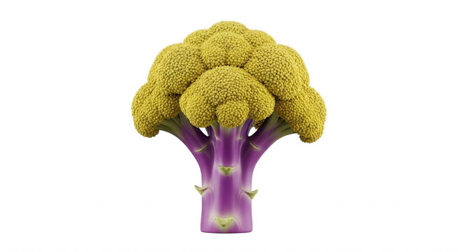A single head of broccoli with a textured yellow floret and a smooth, vibrant purple stalk, isolated against a solid black background