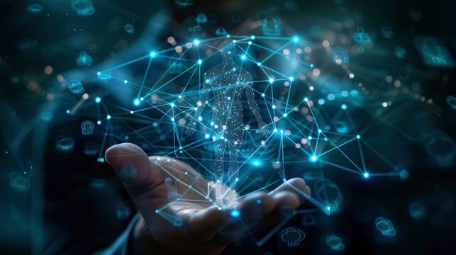 Hand holding a glowing human digital silhouette with connected network nodes, abstract representation of medical technology and data analytics.