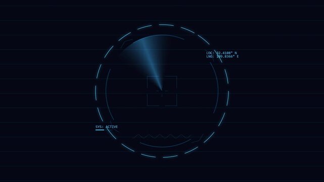 Digital radar interface HUD scanning screen with location data overlay