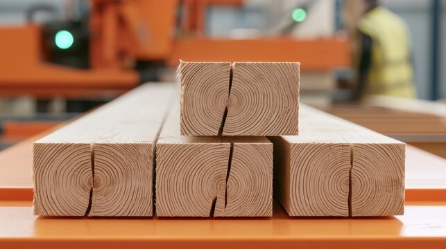 Close-up view of stacked freshly cut wooden beams with visible growth rings and cracks on smooth ends in industrial woodworking facility