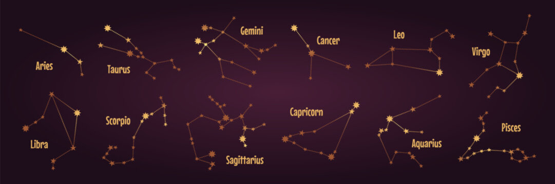 Set of golden constellation star maps on purple background. Vector illustration