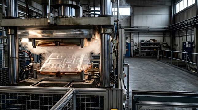 Industrial thermoforming press shaping sterile medical plastic trays under high temperature production environment