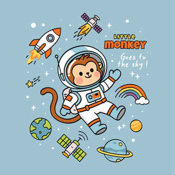 Little Monkey Astronaut in Space with Planets and Rocket