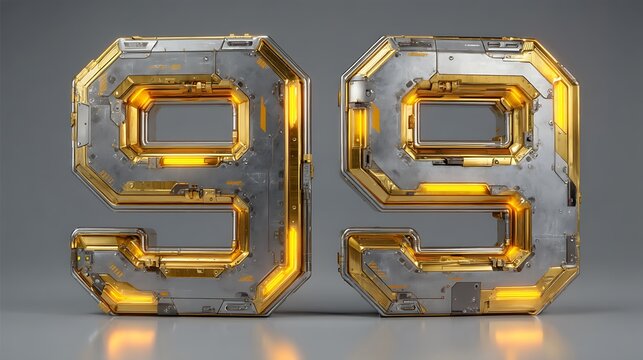 Futuristic Number 99 with Metal, Gold, and Tech Background.