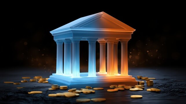 A glowing classical bank building with columns stands surrounded by scattered gold coins on a dark surface.