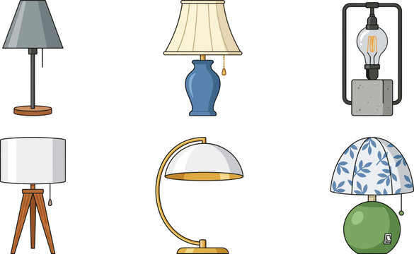 Classic Table Lamps Vector - Ceramic Base Shade Bedside Desk Lighting Clipart