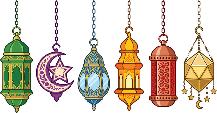 Colorful Ramadan Lanterns Vector - Islamic Moon Star Hanging Lamp Decor Set
