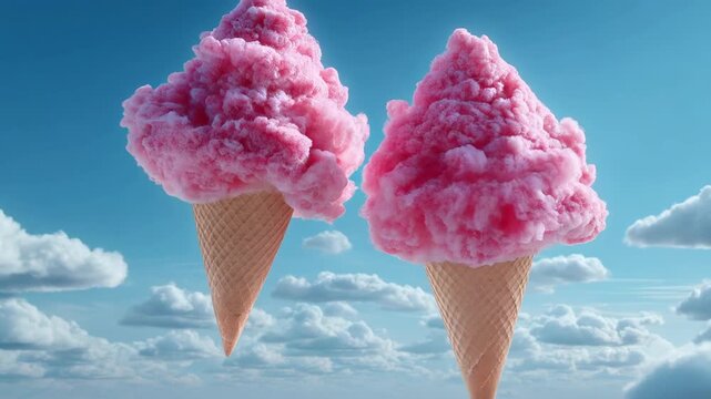 Cotton candy ice cream cone floating blue sky with cloud background, fantasy ice cream cone pink cloud sky floating dessert concept surreal scene, cotton candy ice cream cone sky pink fluffy dessert