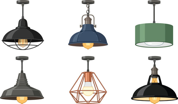 Industrial Pendant Lights Vector - Vintage Hanging Lamp Kitchen Lighting Clipart