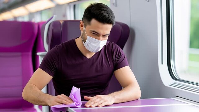 Male passenger wearing a face mask wipes down a purple table in a train carriage, showcasing cleanliness and safety in public transportation settings