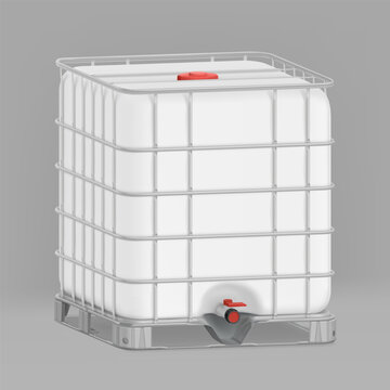 White plastic intermediate bulk container in metal cage or industrial liquid storage tank mockup. Realistic vector illustration isolated on grey background. Ready for use in presentation, promo. EPS10