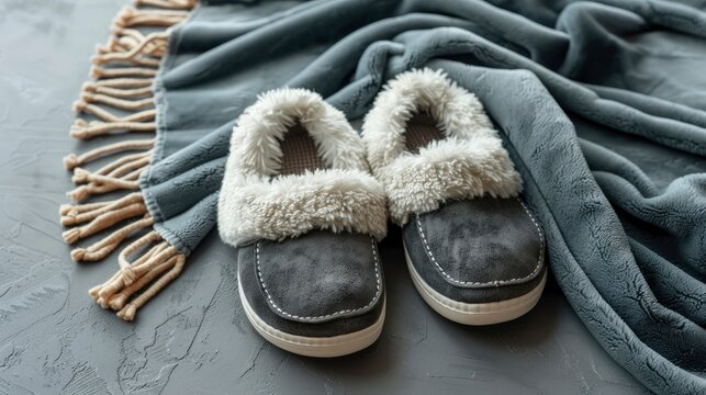 Pair of cozy grey suede slippers with white faux fur lining, soft plush blanket on a dark concrete background.