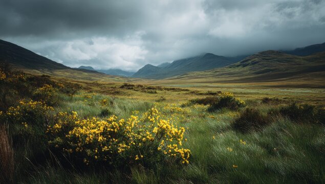 Dramatic Mountain Landscape with Yellow Gorse Flowers Under Moody Sky.