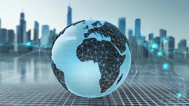 Digital globe with network connection and city skyline background, global earth globe network digital city skyline futuristic technology world map blue sky 3d render, global earth digital network