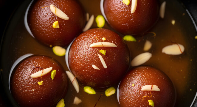 Traditional Indian Sweet Gulab Jamun in Syrup Garnished with Pistachios and Almonds