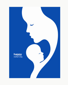 Elegant Happy Mothers Day vector poster featuring minimalist mother and child silhouette illustration with modern blue background. Ideal for greeting cards, social media posts, celebrations.