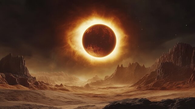 Solar eclipse occurs over alien desert planet. Majestic solar eclipse features glowing corona, dark moon, rocky mountain. Fantastic space landscape with orange sky and mystical atmosphere.
