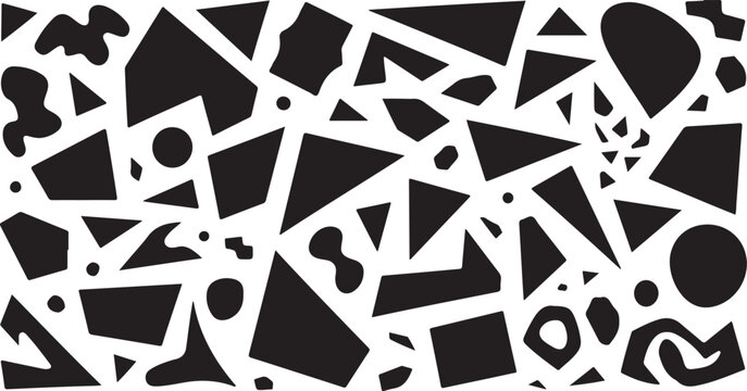 Black geometric fragments triangles and various irregular shapes set isolated on transparent surface.
