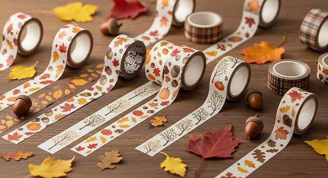Decorative washi tapes with autumn leaf designs on a wooden surface