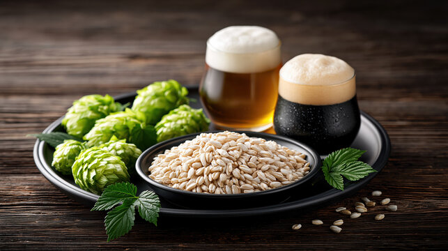 Beer barley hops malt grain brewery craft ingredient ale dark beer pale beer foam foam head glass beverage rustic wooden still life food drink