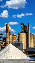 Obraz premium Industrial scene featuring tall silos and a large pile of white material against a blue sky with clouds.