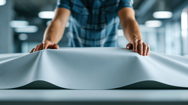 Industrial designer covering prototype model in workshop with hands on white cloth, blurred background