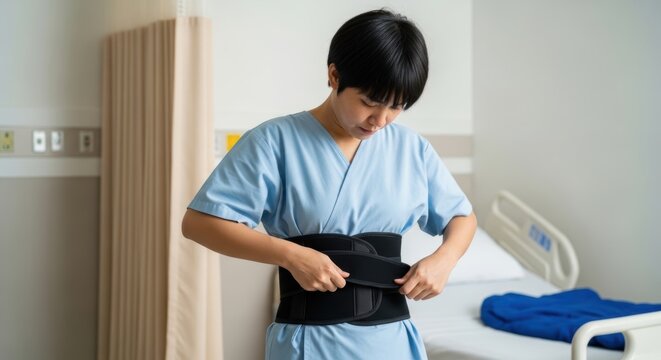 The patient is wearing a back brace in the hospital room.