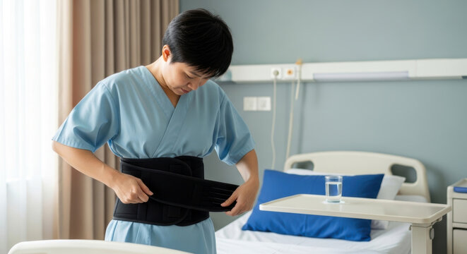 The patient is wearing a back brace in the hospital room.