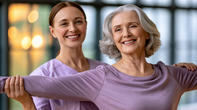 Physical therapist guiding senior woman through arm exercise in clinic, smiling support