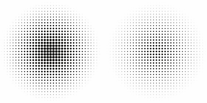 Set of halftone dots gradient pattern texture isolated on white background. Straight dotted spots using halftone circle dot raster texture.