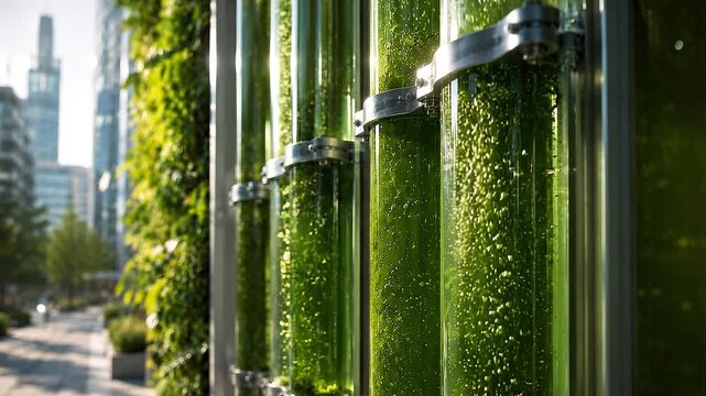Low emission city vertical algae bioreactor tubes with green glass biofilm columns integrate urban park skyline and vertical green tube systems along
