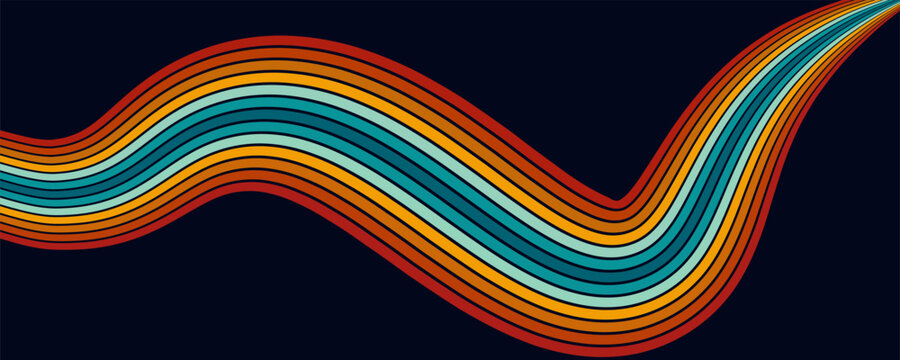 Abstract background of rainbow groovy Wavy Line design in 1970s Hippie Retro style. Vector pattern ready to use for cloth, textile, wrap and other.