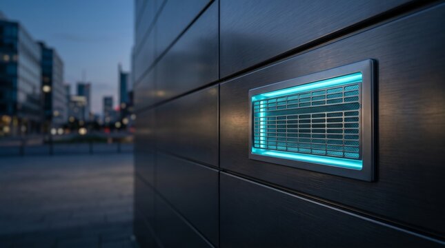 Modern metal wall with glowing blue air vent panel at city dusk