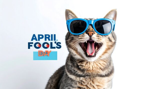 A tabby cat wearing blue sunglasses, mouth agape, with "April Fool's Day" text
