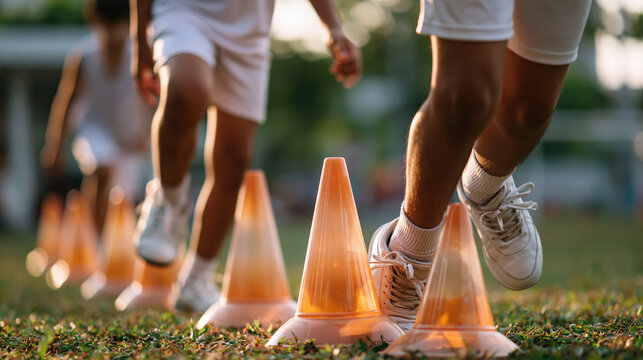 Youth soccer training on community field, orange cone drill, focused athlete motion