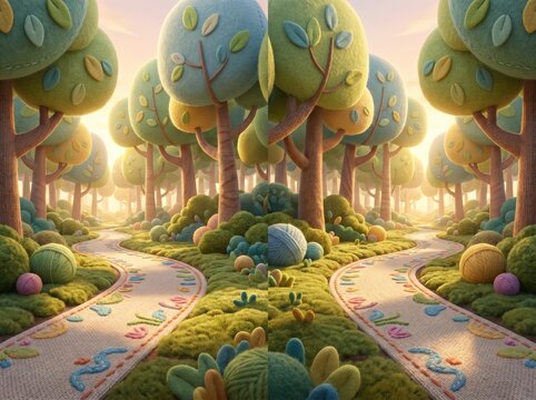 Vibrant pathway winds through lush forest with trees, moss, and flowers at sunrise.