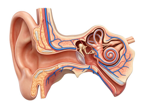 Human ear anatomy cross-section, stylized 3D render illustration of internal auditory structures. Medical hearing system diagram with cochlea and eardrum for healthcare education.
