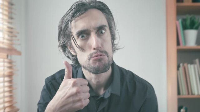 Thumbs-Up Moment: Individual in Minimalistic Room Navigates Emotional Journey from Confusion to Acceptance, Capturing Turmoil and Transformation