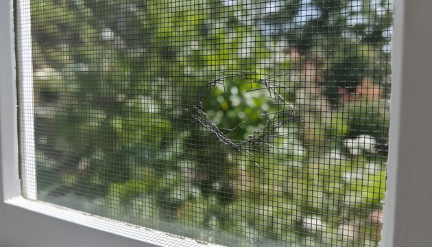 Close up view of a damaged window screen with mosquito holes looking out into a sunny green backyard during summer mosquito season for home maintenance and pest protection concept