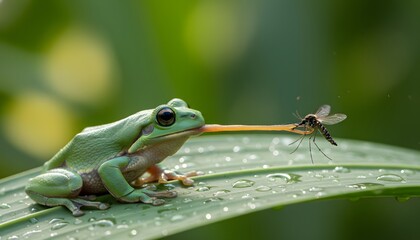 Obraz premium Green tree frog catching a mosquito on a wet leaf during mosquito season, illustrating a natural pest control concept and biological predator prey interaction in wild nature