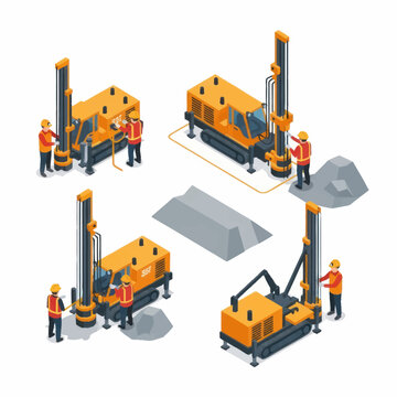 Construction workers operating drilling machines in isometric view.